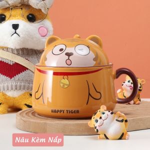 Tô Sứ Dễ Thương Ăn Mỳ Hình Con Hổ - Bát Tô Sứ Cỡ Lớn 1020ml Có Nắp Và Tay Cầm