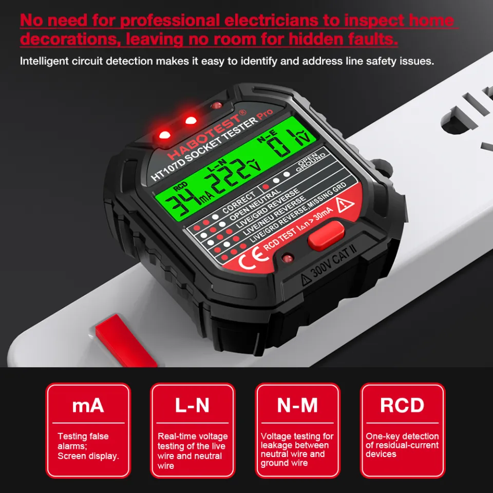 HABOTEST HT107 GFCI Socket Tester Electric Leakage Finder With