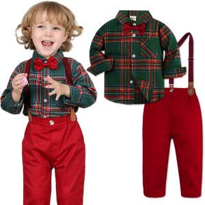 Christmas Outfit for Baby Boy Photography Gentleman Plaid Shirt and Red Pants Suit Kids Formal New Year Party Gift 1-9 Years Green Checkered Long Sleeve Set