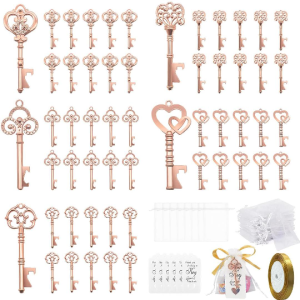 Pack of 50 Key Bottle Openers Gift Tags Transparent Bag Wedding Favours Antique Rustic Party Dec