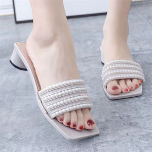Womens sandals Korean style fashionable 5CM high-heeled sandals with pearl embellishments rubber non-slip sole suitable for all seasons waterproof