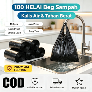 Tong Sampah Plastik Hitam Gulung 100pcs/Roll Mudah Koyak Titik Tahan Lasak Tidak Bocor Muatan Berat Beg Sampah Untuk Rumah Dapur Pejabat