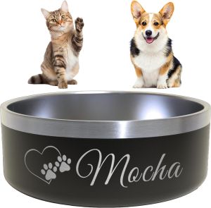 Bát ăn cho chó khắc hình trái tim + bàn chân và tên - Bát ăn cho chó tùy chỉnh không trượt bằng thép không gỉ bát ăn cho thú cưng khắc cho ăn đồ dùng cho thú cưng thức ăn cho thú cưng