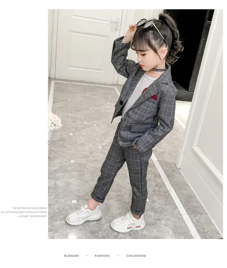 Ready Stock】Fashion Wedding Kids Suit for Girls Formal Pant Suits for  Teenagers 2PCS Blazer Set Brand Plaid Children Blazer 4 5 7 9 11 13T