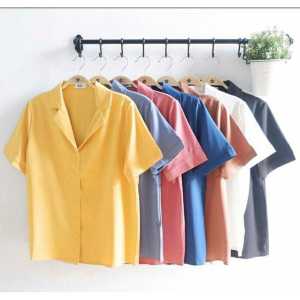 Blus Kemeja Lengan Pendek Wanita Korean Style Polos Leher V neck Blazer