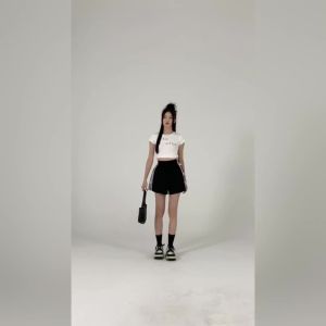 Ammin quần short thường ngày trang trí nơ sọc định vị phong cách Hàn Quốc quần ống rộng khung chữ A cạp cao co giãn mới mùa hè 2024 cho nữ