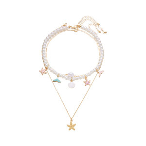 Multi Tiered Seashells Fringe Necklace Soft Resin Clay Beads Adjustable Neckchain Stylish Beach Party