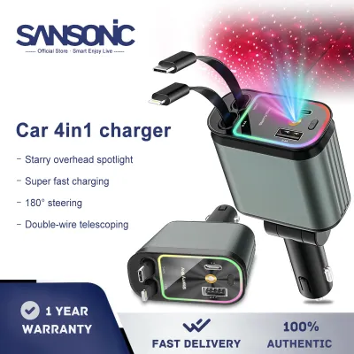 SANSONIC Car 4in1 charger Mobile Phone Super Fast Charger With starry spotlights Retractable Car charge Smart Car Charger Cable for IOS Android