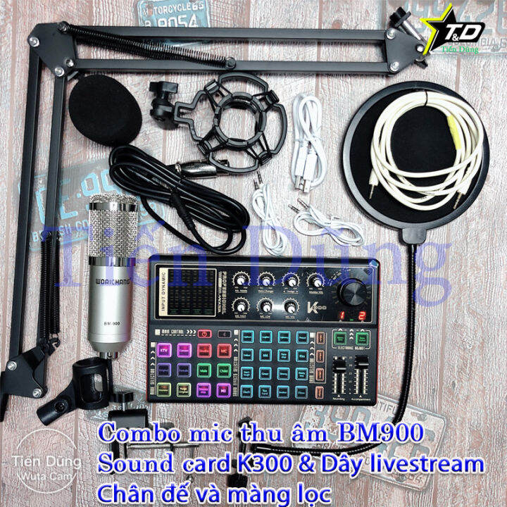 Mic thu âm bm900 sound card k300 dây livestream chế chân đế màng lọc - Trọn bộ mic livestream sound card k300 hỗ trợ autu tune bluetooth