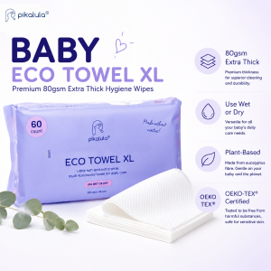 Pikalula Baby Eco Towel XL (60pcs/pack) Extra Thick 80GSM | Disposable Dry & Wet Wipes Multipurpose Hygiene Towel Dry & Wet Wipes Plant-Based Biodegradable OEKO-TEX Certified Dual-Textured Tissues