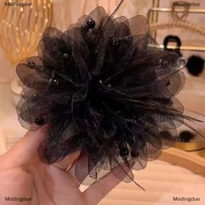 [COD] Modingdue Korean Women Fashion Mesh Flower Hair Accessories Organza s Black Feather Grip Shark Hair Clip Headwear