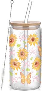 Bookish Glass Cup with Lid and Straw 16oz Coquette Bow Aesthetic Cup Pink Girly Tumbler Book Lovers Gifts for Women Girls Friend Sister Girlfriend