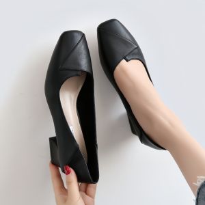 Free Shipping 2026 Spring/Autumn Korean-Style Chunky-Heeled WomenS Shoes Mid-Heel Shallow-Toe Nude-Colored Square-Toe Office-Appropriate Grandma Shoes