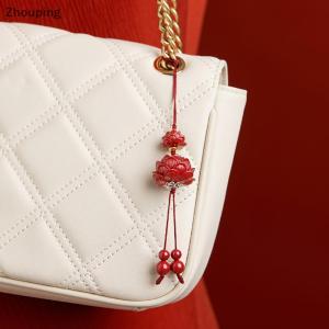 【ZP】 Flash Sale Cute Natural Cinnabar Lotus Car Keychain Chinese Style Lucky Phone Chain Bag Pendant Hanging