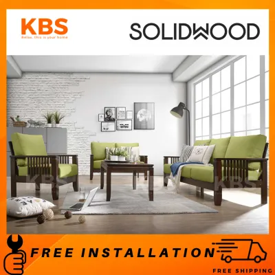 (FREE Installation + Shipping) KBS Bridgeview Wooden Sofa Set / FULL SOLID RUBBERWOOD / Mid-century Design/ Retro/ Green / Brown / Grey / Fabric Sofa / Sofa Kayu 1 2 3 Seater