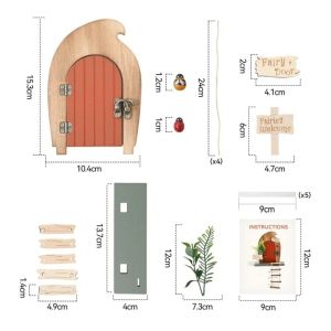 Cartoon Wooden Fairy Door Ornaments with Ladder Detachable Dollhouse Decor Creative Miniature Simulation Fairy Door Room Balcony