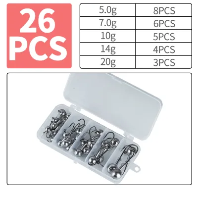100PCS/26PCS Lead Jig Head Hook High Carbon Steel Soft Lure Hook 1g-20g Barbed Fishing Hooks with Box