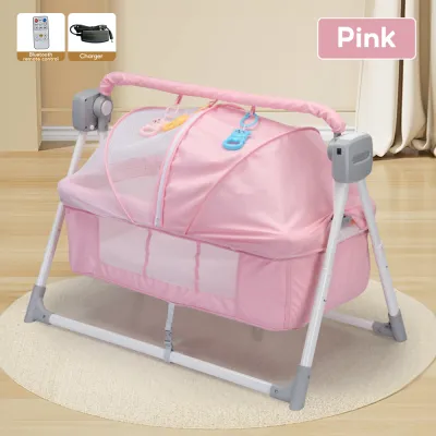Portable Soothing Rocking Crib for Newborn Foldable Baby Electric Swing Bed with Remote Control Bluetooth Music | Space Saving Ready Stock