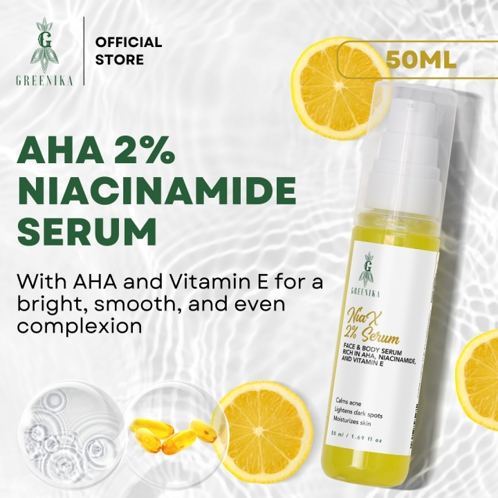 [ AHA NIACINAMIDE SERUM EXTRA STRENGTH  ] Greenika Nia-X 2% Extra Strength AHA Face Whitening Serum with Glycolic Acid & Niacinamide Moisturizer Anti Acne Dark Spot Remover Facial Serum Body Serum Vitamin C E Serum Moisturizer for face