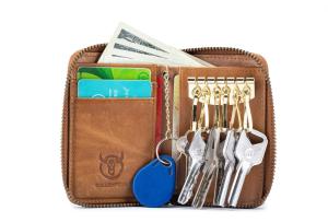 BULLCAPTAIN Top Layer Leather Key Case Mens Anti-theft Brush Coin Purse Card Case
