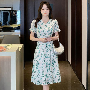 Impression Fashion Store Women Elegant Chiffon Leave Print Short Flare Sleeve High Waist Slim A-line Midi Dress