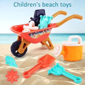 6pcs Set Large Beach Toy Stroller Car Boy Digging In Sand Sand Box Set Sand Table Sand Bucket Summer Water Play House water toy sand toys for kids set
