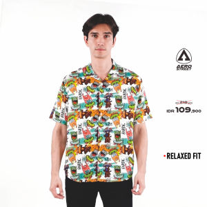 Aerostreet Kemeja Rayon Printing Monster Hawai Motif Terang Pria Wanita QCBAA