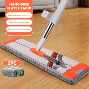 GREENSINDOOR 42cm Stainless Steel Cleaning Mop With 2Pcs Free-wash Strong Water Absorption Microfiber Cloth