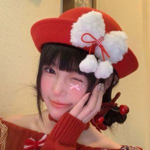 THANKSKY Mũ beret Mũ bowler đỏ Phong cách Nhật Bản Có vẻ cổ điển Mũ vòm cho bé gái Mũ công chúa Đồ nhồi bông Mũ len xô Phụ nữ