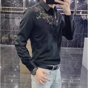 MenS Deer Embroidery Polo Shirts Solid Color Long Sleeve Social Business Male Formal Blouses
