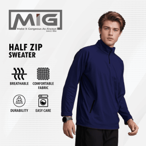 MIG Polyester Long Sleeve Collar Neck Half Zip Plain Sweater