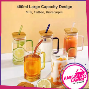 Mug Gelas Kaca Gelas Minum Elegan Simple Aesthetic Beserta tutup dan sedotannya 350ml Kaca Borosilikat