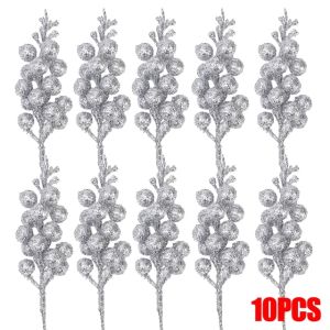 10ชิ้นผลเบอร์รี่ไฟคริสต์มาสแวววาวผงทองลำต้น14หัวเทียมสีแดงฮอลลี่เบอร์รี่เกสรดอกไม้คริสมาสต์ปีใหม่บ้านงานฝีมือ DIY