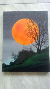 Hiasan Dinding Dekorasi Ruang Tamu Lukisan Pemandangan Bulan Malam Aesthetic Bahan Kanvas Ukuran 30x40cm