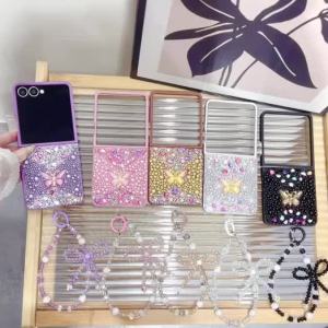 FCGem Butterfly Z Flip 7 Bling Diamond Case Cover Luxury Girly Pearl Rhinestone Jewels Samsung Galaxy Z Flip7 Casing Anti-Drop Durable Hard PC Phone Case with Beaded Strap