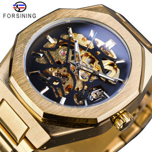 Forsining silver mens watch top brand luxury automatic mechanical stainless steel fashion skeleton waterproof business clock. Gifts for men