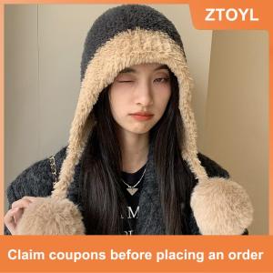【ZTOYL】 Fluffy Plush Women Beanie Cap Winter Warm Big Pompom Knitted Ear Protection Hat Windproof Snow Ski Female Earmuffs Caps
