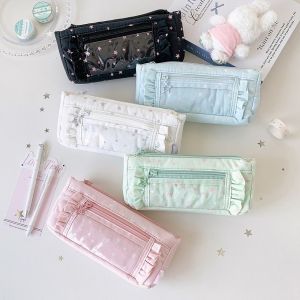 AMELY Printed Star Pencil Case Sweet Large Capacity Lace Pencil Storage Bag Multifunctional Creative Makeup Bag School Office Supplies
