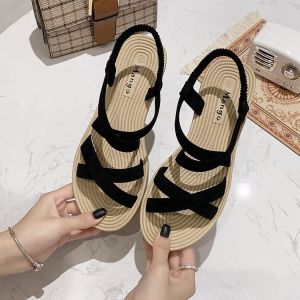 IELGY Summer Open Toe Elastic Lake-up Beach Flat Sandals Womens 2024 Casual Strap Students
