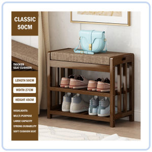 【DAILY ESSENTIAL】 Cushioned Bamboo Shoe Bench with Two Storage Shelves