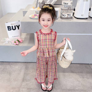 WANDER เสื้อผ้าเด็กผญ ชุดแฟชั่นเด็กผู้หญิง ดีไซน์ลายสก็อตแฟชั่นเกาหลี เซ็ต2ชิ้นเสื้อแขนกุดกางเกงขาสั้นเด็กหญิง 23727