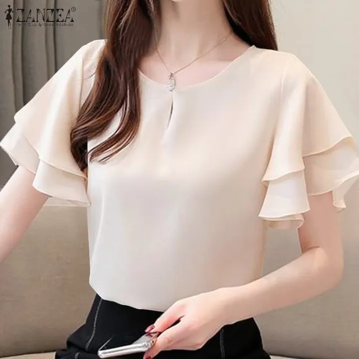 ZANZEA%20Korean%20Style%20Women's%20Blouse%20Ruffle%20Short%20Sleeve%20Double%20Layer%20O-Neck%20Solid%20Top%20Pullover%20#10%20-%20Image%202