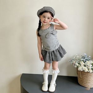 Kids Girls Bow Sleeveless Top + Plaid Skirt 2-Piece Set