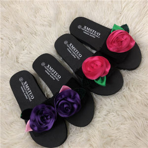 MANXIXI Beautiful 1.18 Inches Wedge Sandals Rose Flowers Inlay Rubber Sole Sturdy Flat Slippers For Women (Size 35-40)