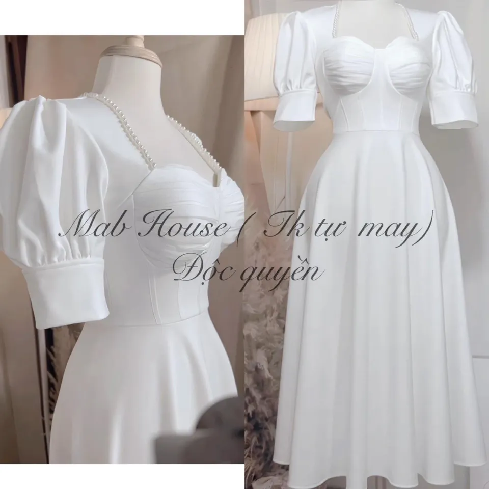 Váy trắng thiết kế dự tiệc chéo vạt chân dập ly đầm tiệc cưới - MixASale