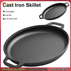 Winnereco Iron Round Griddle For Crepes And Pizza with Dual Handles Non-Stick BBQ Camping Fry Pan Pancake Pizza Pan Steak Pork Chicken Cooking Pot