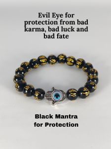 Black Mantra with "HAMSA" Hand of fatima lucky charm elastic bracelet / feng shui 2024
