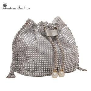 Quest Women Luxury Shoulder Bag Solid Color Rhinestone Glittering Satchel Bag Drawstring Bling Bucket Bag Dinner Party Bag