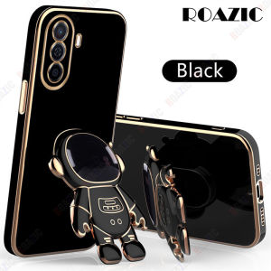 ROAZIC For Huawei Nova Y70 Phone Case With Astronaut Holder Straight Plating Edge Casing Soft Silicone Stand Back Cover