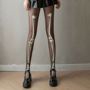 Glowinthedark white bone Halloween bungee jump pantyhose luminous props black stockings